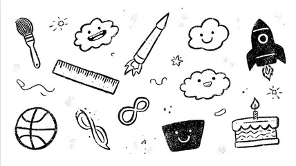 A set of cute handdrawn drawings in a minimalist black and white style including Paintbrush Ruler Mask Rocket Wind or Cloud Motion Arrow Thought Bubble Fat Br