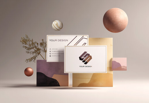 Two Business Cards And Minimalist Modern Elements Floating Mockup