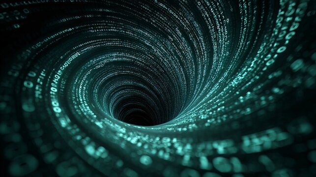 Futuristic holographic spiral with glowing binary code, digital tunnel effect, abstract technology background, immersive and dynamic, evokes sense of innovation and mystery - Powered by Adobe