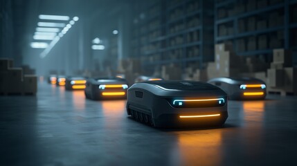 Fototapeta premium Futuristic warehouse robots with glowing orange lights move autonomously on polished floor, surrounded by shelves and cardboard boxes, creating high tech, efficient atmosphere