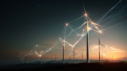 Futuristic wind farm renewable energy digital network technology sunset mountain landscape clean power innovation photorealistic environmental concept