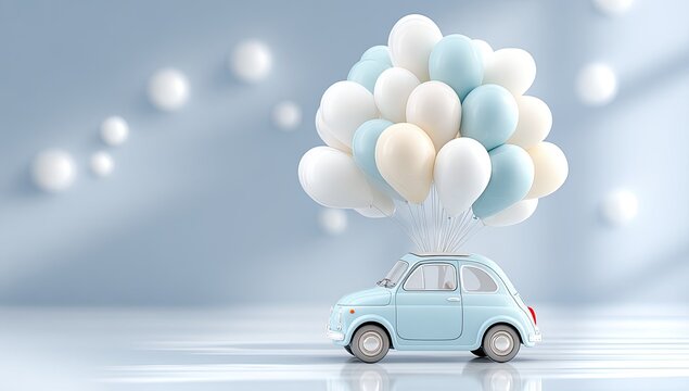 Light blue vintage car aloft with pastel balloons