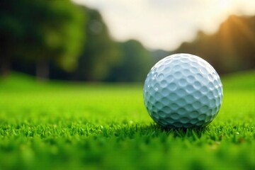 Obraz premium Close-up shot of a golf ball resting on a lush green, ready to be struck, evoking the power and precision of a legendary golfer's game , nature, success