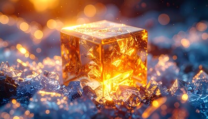 Golden cube in ice