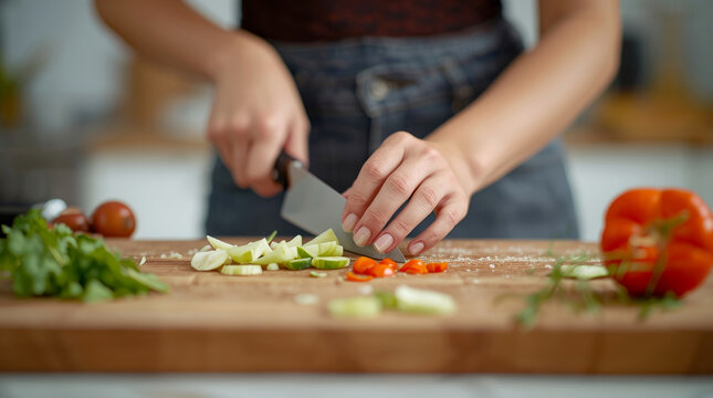 young woman's hands, carefully chopping vegetables on a wooden cutting board. The focus is on the action of her hands and the fresh ingredients. The background is a slightly blurred