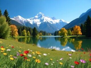山と湖の美しい景色 色とりどりの花が咲く緑の牧草地 雪を抱いた山々が水面に映る静寂