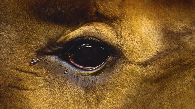 Very close up of an okapi eye looking around on a cloudy day