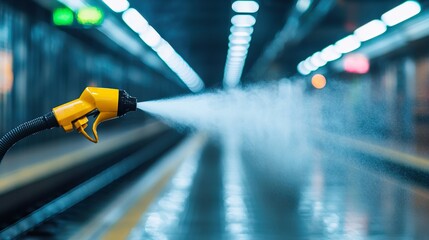 Self-cleaning public transportation stations disinfecting nozzle, fine mist, subtle steam, clean surface.