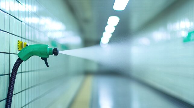 Self-cleaning public transportation stations disinfecting nozzle, fine mist, subtle steam, clean surface.