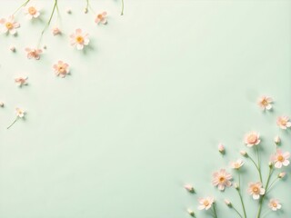 柔らかいピンク色の花と茎が淡い緑色の背景に散らばっている静物