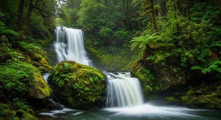 Obraz premium Lush Waterfall Cascading Over Mossy Rocks in a Verdant Forest Setting