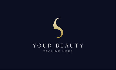 Fototapeta premium Logo gold colour women face with letter S. Beauty concept with minimalist modern and luxury brand identity.