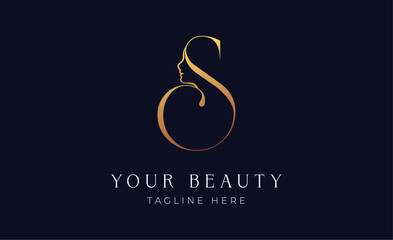 Logo golden women face with letter S. Beauty concept with minimalist  modern and luxury brand identity.