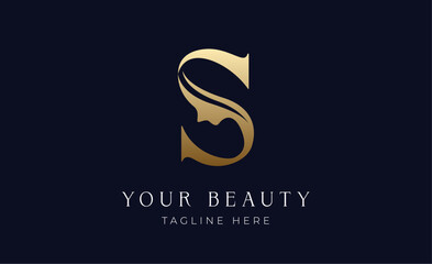 Logo golden colour women face with letter S. Beauty concept with minimalist  modern and luxury brand identity.