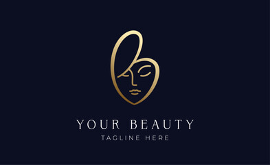 Logo line gold women face with letter B. Beauty concept with minimalist  modern and luxury brand identity.