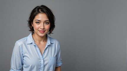 Obraz premium Young woman smiling while standing in a blue shirt indoors 