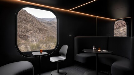 Naklejka premium A modern train car with a black interior and large window, offering a view of a desert landscape.