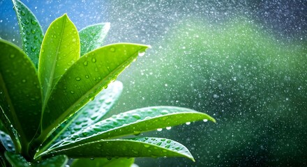 Green leaves with water drops after rain, natural background with copy space
