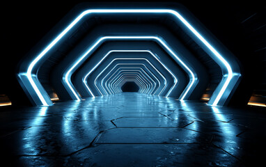 Futuristic tunnel with glowing neon lights and hexagonal structures