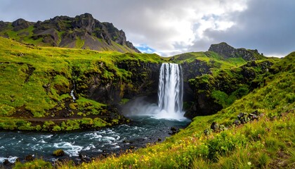 Scenic waterfall cascading down rocky mountains