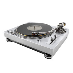 Sleek turntable on white background silver and chrome aesthetic ready to spin vinyl and play music with high fidelity