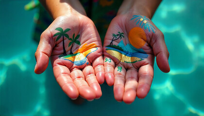 Children&rsquo;s hands painted in vibrant colors.