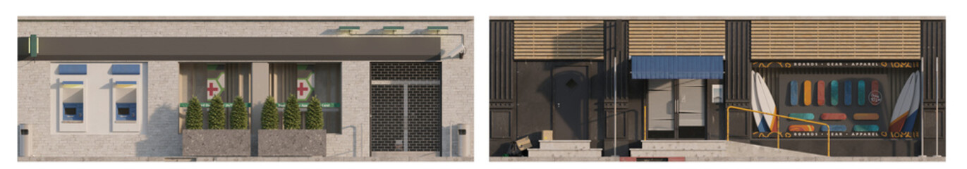 Multi-Use Retail Facade Storefront: Closed Multi-Purpose Shop isolated png on transparent background premium cutout