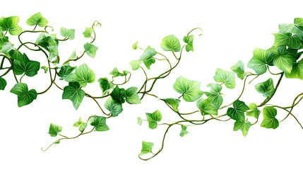 Green ivy vine with twisting stems isolated on white background. 