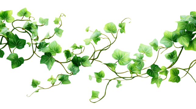 Green ivy vine with twisting stems isolated on white background. 