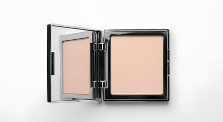 Open compact of pressed face powder with mirror for applying makeup on white background.