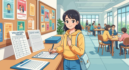 Young woman signing up for volunteer work with a community group in a bright sunny room