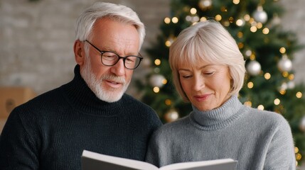 Senior couple enjoying a cozy moment together, reading a book by a beautifully decorated Christmas tree, creating a warm and festive atmosphere for the holiday season