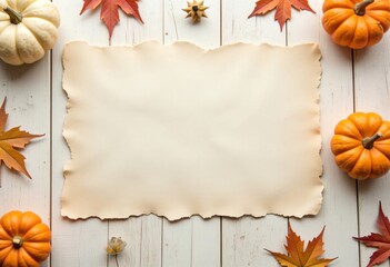 Fototapeta premium Pumpkins and autumn foliage arranged in seasonal thanksgiving concept