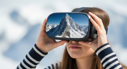 Young caucasian woman experiencing virtual reality mountain adventure with vr headset