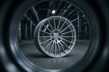 Multi-Spoke Rims Satin Silver Automotive Alloy Wheel in Industrial Factory Corridor with Cold Metallic Lighting