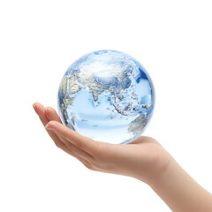 Glass globe cradled in hand symbolizing fragility and global interconnectedness Emphasizes earth stewardship and environmental awareness