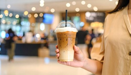 Iced coffee in hand, cafe setting (1)