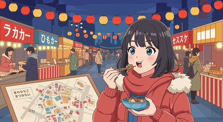 Anime style illustration of a vibrant japanese street food festival with a girl enjoying takoyaki