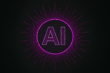 Abstract glowing ai logo with futuristic neon purple light and digital particles on dark background