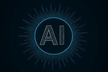 Abstract glowing ai logo with digital network connections radiating outwards on a dark background