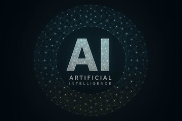Abstract glowing ai logo with digital circuits and data streams on dark background