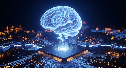 Glowing blue digital brain rises from futuristic microchip over cityscape