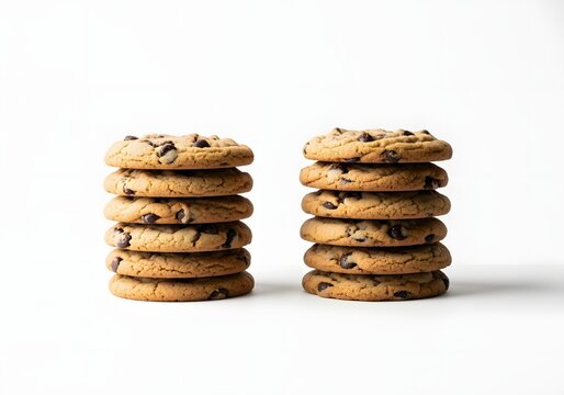 Stacks of homemade chocolate chip cookies on a bright white background surface.