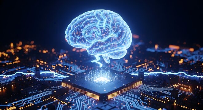 Glowing blue digital brain rises from futuristic microchip over cityscape - Powered by Adobe