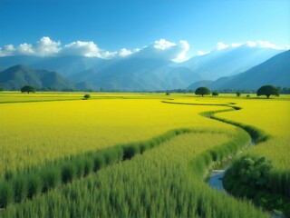Obraz premium Vibrant Yellow Canola Field Under Bright Blue Sky with Distant Mountains and Meandering Stream in