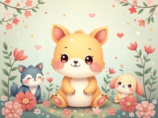 Naklejka premium Cute Cartoon Animals with Pink Floral Frame on Pastel Green Background in Anime Style