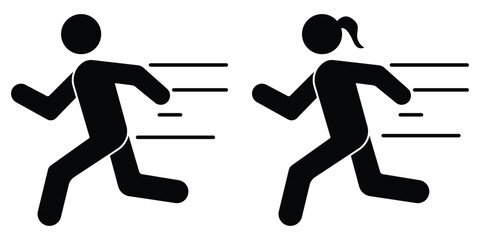 Running man and woman icon silhouette, Running sport person icons vector. Symbol of runners person, sprint, athletic, marathon, jogging race, fitness, fast run, run track and compition symbol.
