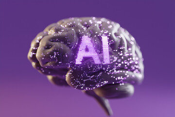 A digital brain made of binary code with the letters “AI” on a purple background. Concept: technology, artificial intelligence, technological progress. 