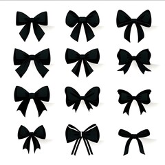 Black Bow Silhouettes and Decorative Ribbon Designs in Flat Vector illustration on white background