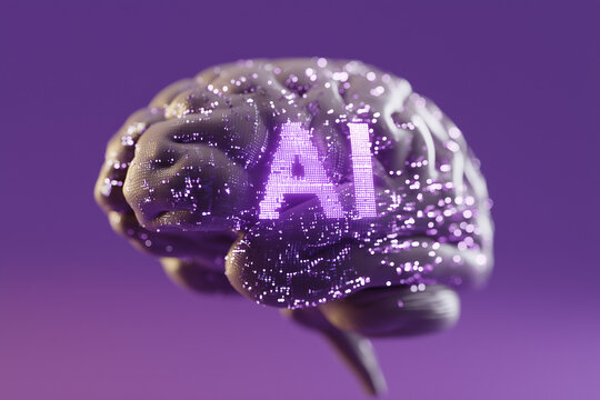 A digital brain made of binary code with the letters “AI” on a purple background. Concept: technology, artificial intelligence, technological progress.  - Powered by Adobe